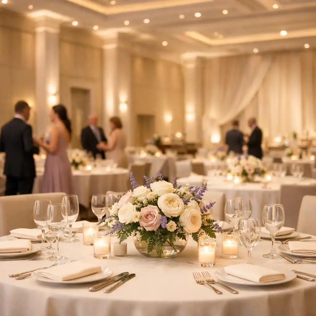 Eleganckie wnętrze eventowe z ciepłym oświetleniem architektonicznym i okrągłymi stołami